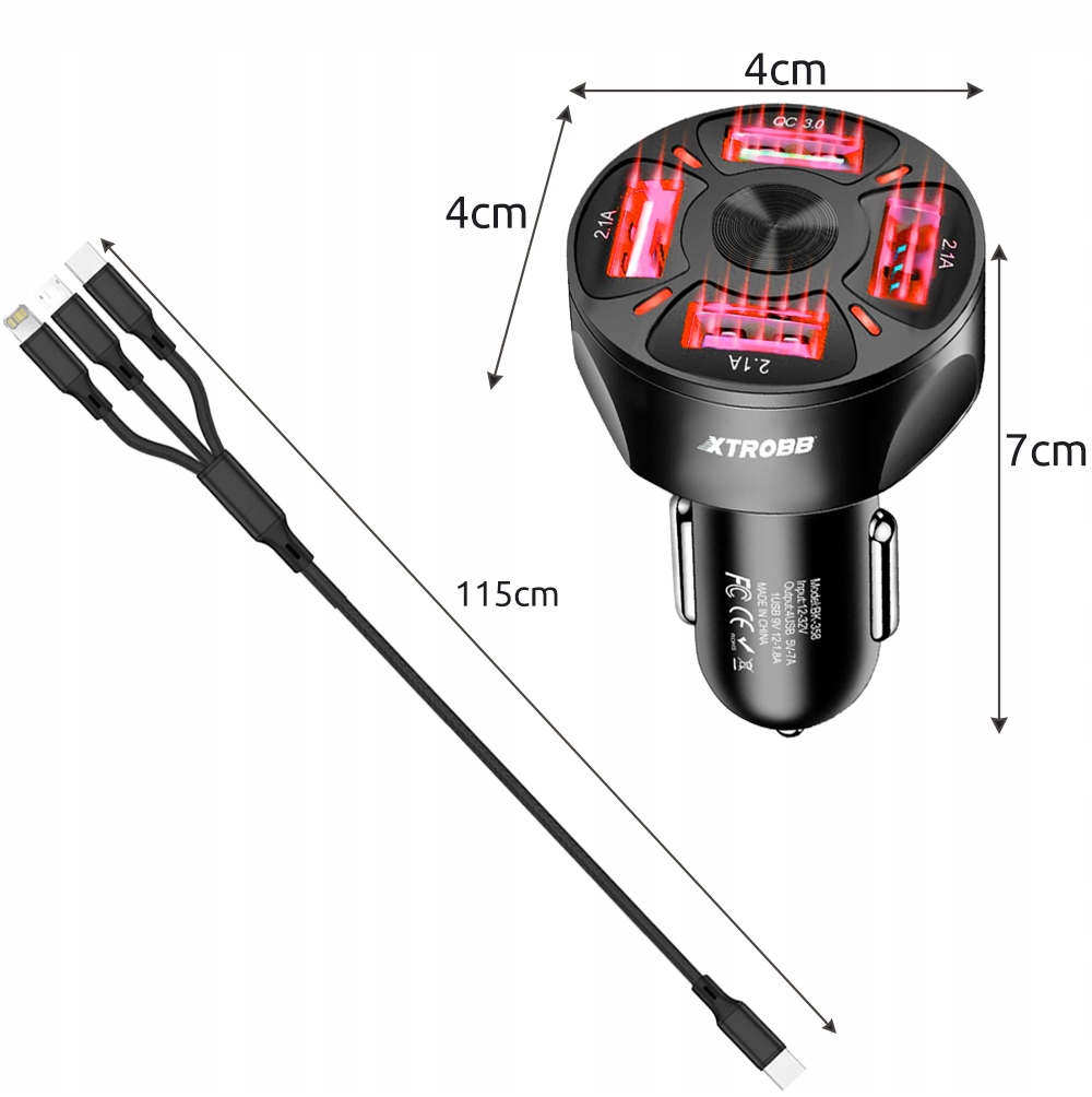 Szybka Ładowarka Samochodowa QC 3.0 4xUSB + Kabel Złącza microUSB typ B USB typ C Apple Lightning