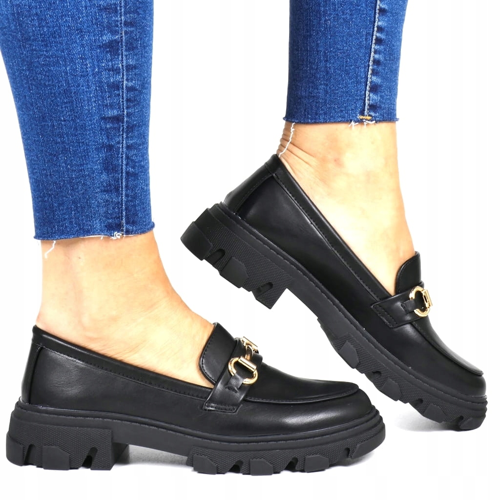 DAMSKIE MOKASYNY LORDSY EKO SKÓRA PÓŁBUTY ZE SPRZĄCZKĄ CZARNE MAT WYGODNE Marka bez marki