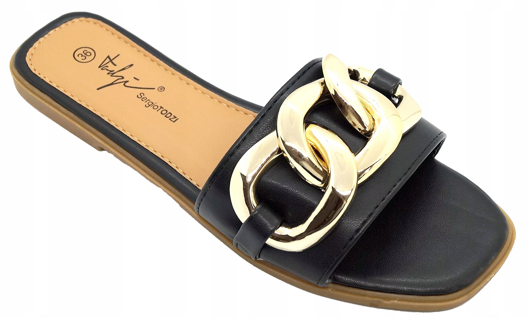 

Klapki Damskie Czarne Płaskie Skóra Łańcuch R.39