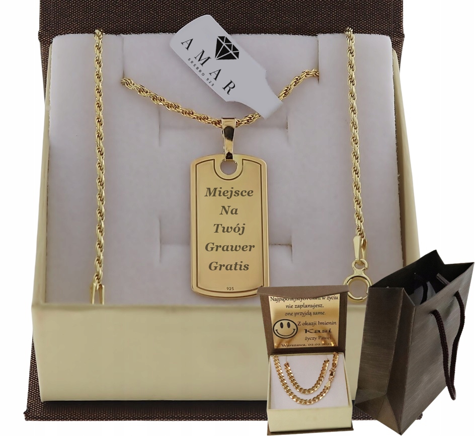 Dámská zlatá Řetízek Vojenská Známka Kordel s plným řetízkem, Pr 925 585, Gravírování Bonus