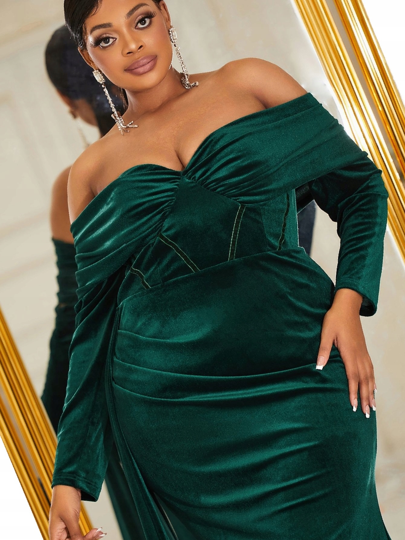 Šaty Velurová Balová Ramena Zelená Odhalená Giffniseti XXL 44