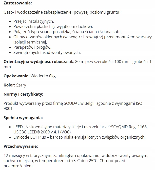 SOUDAL PŁYNNA MEMBRANA SOUDATIGHT HYBRID GREY 6 kg ZEWNĘTRZNA Kod producenta 145786