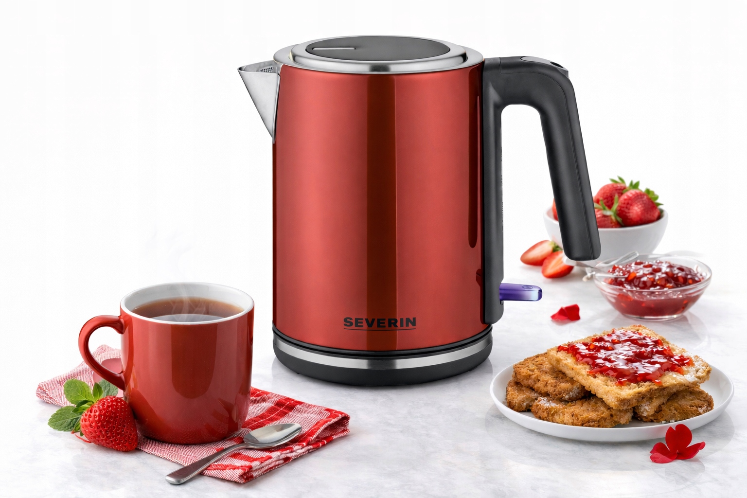 Czajnik Elektryczny 1L 2400W Czerwony Stal Nierdzewna Bezprzewodowy Severin