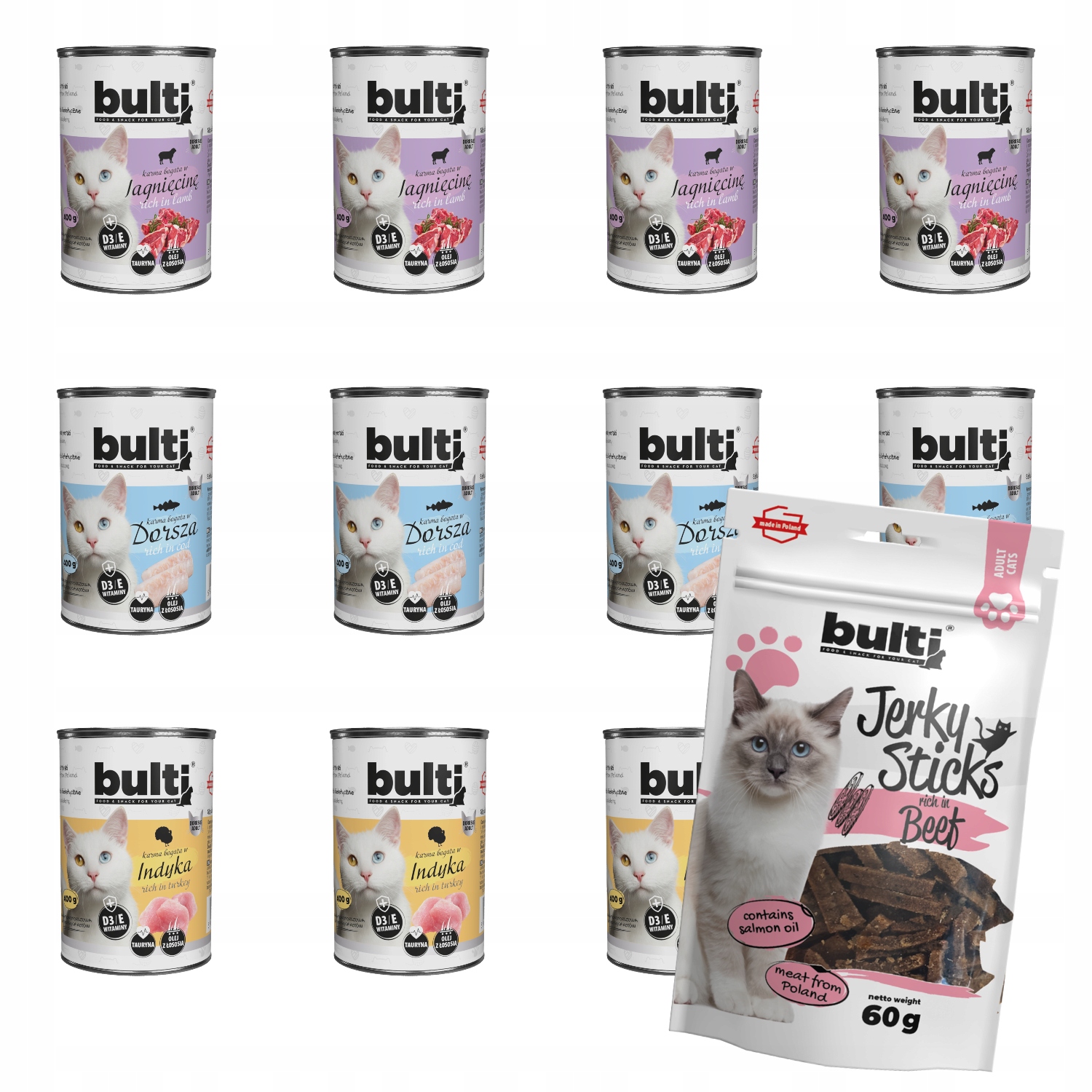 Levně Vlhké Krmivo Bulti MIX 400g 4x Krůta 4x Příčesek 4x Jehněčí Jerky Hovězí Maso