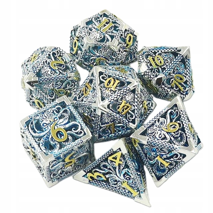 STAROŻYTNE MACKI ZESTAW 7 METALOWYCH KOŚCI RPG