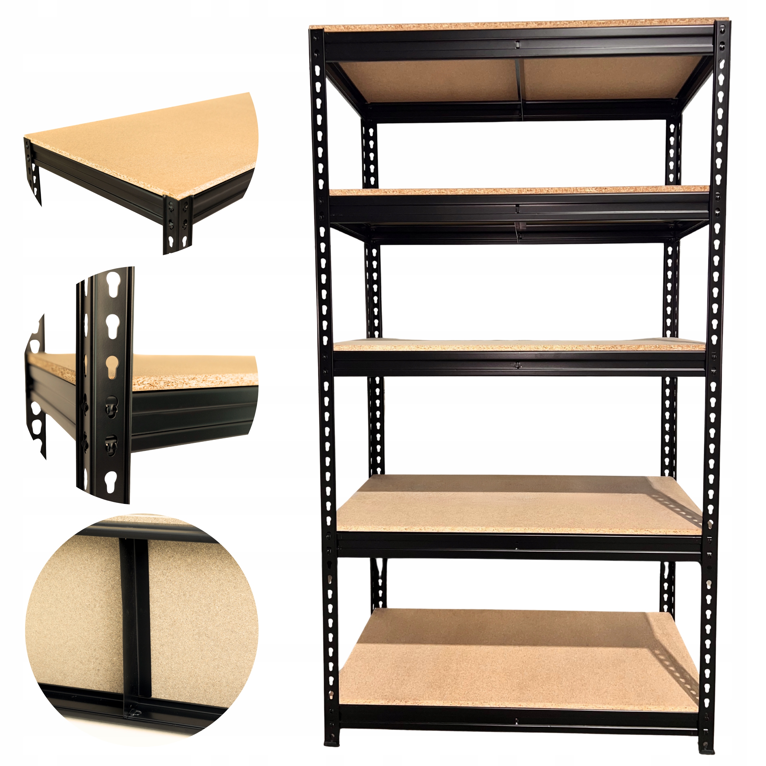 Kovový regál 180x100x50 cm 5p 1.35 mm 15 mm, garážová doska čierna, pevný