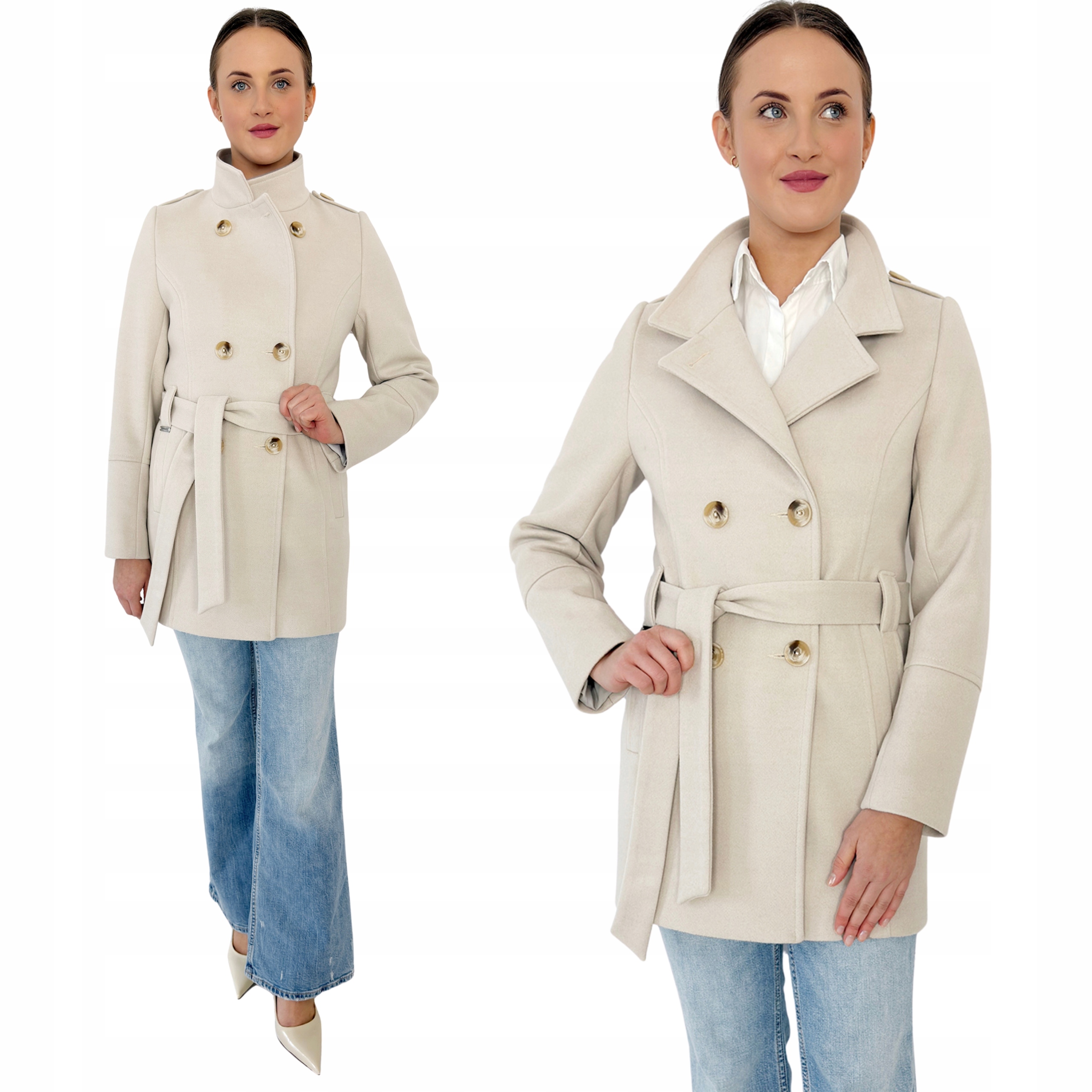 Dámský jarní dvouřadý kabát se stojáčkem a páskem Klara Estodo