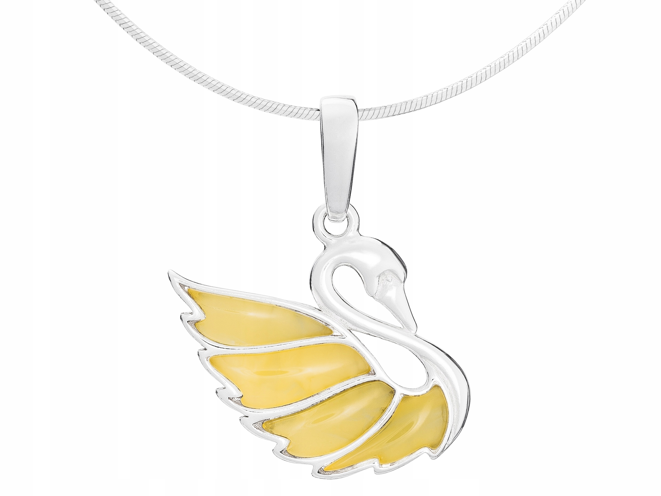 Dlouhý stříbrný dámský náhrdelník Labuť s mléčným jantarem Pták Stříbro 75