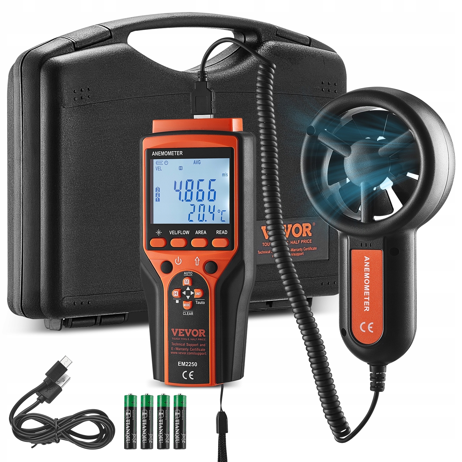 Profesionálny Vevor 4 V 1 Anemometer Meria Rýchlosť Vetra Až Do 100.8 Mph