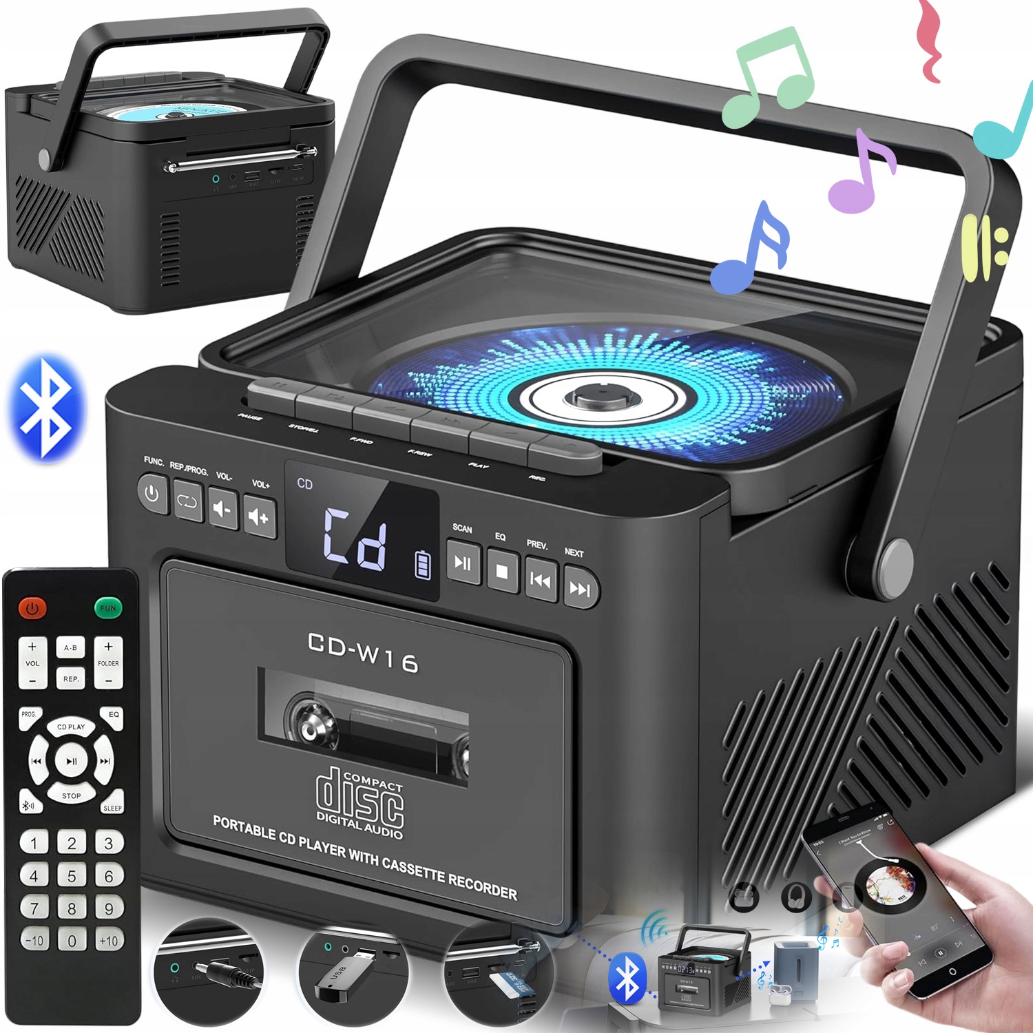 Přehrávač Cd+kazeta Bluetooth Rádio Fm Discman MP3 Aux Reproduktory Nahrávání