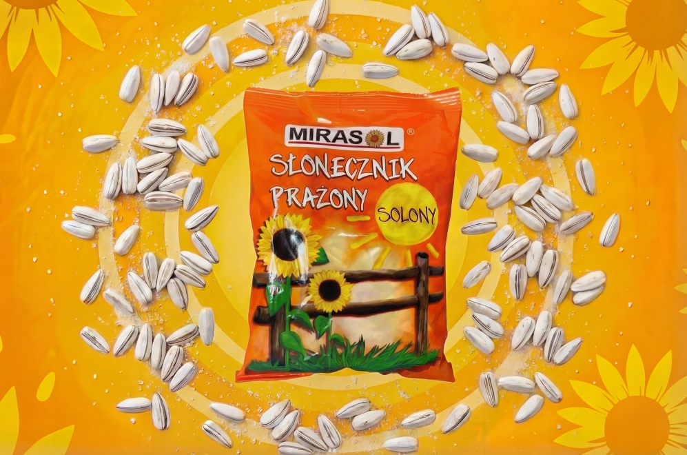 Pestki słonecznika Mirasol prażone solone 80g białe ziarno.