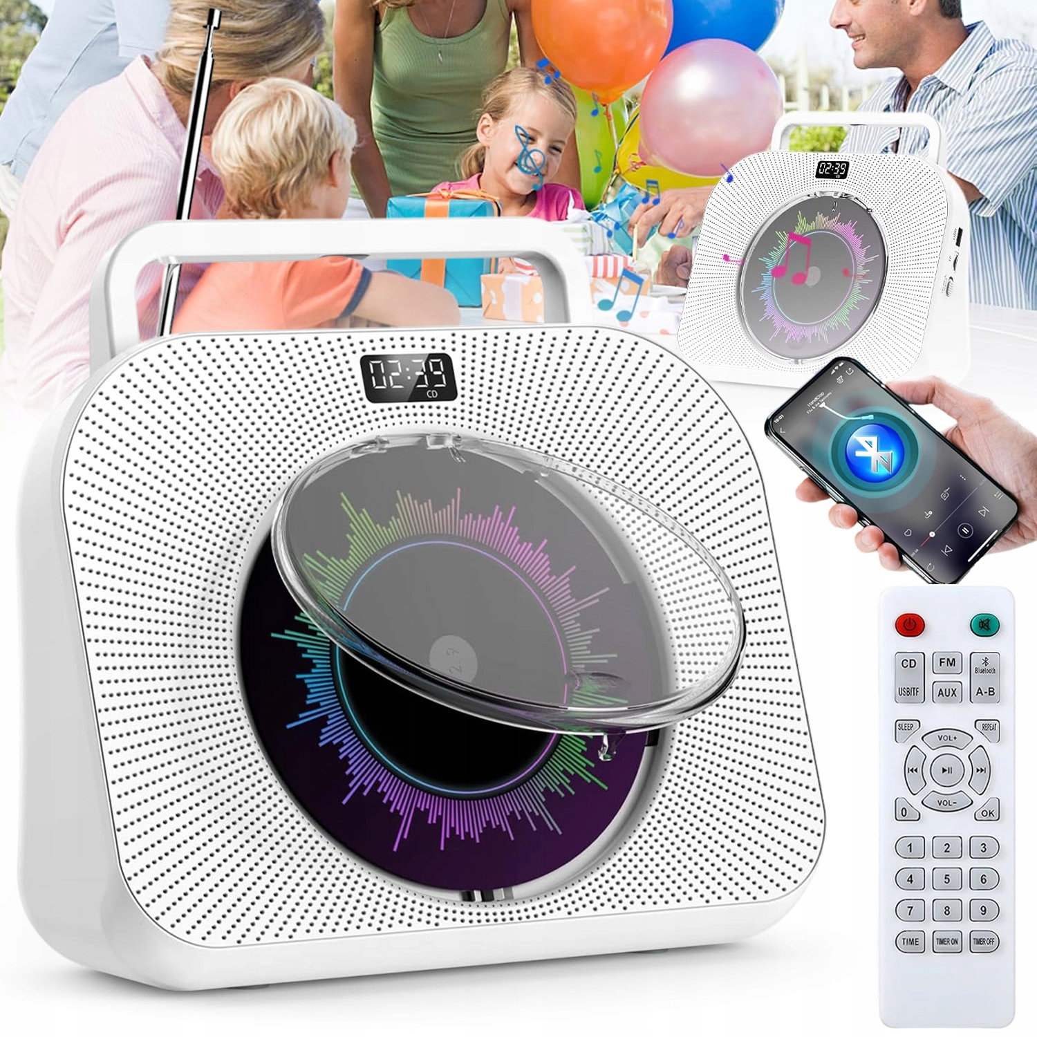 Přenosný CD Přehrávač Bluetooth 5.0 Montáž Na Stěnu Fm Rádio Usb Aux