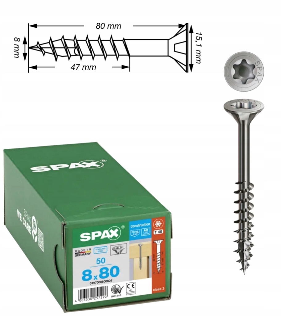 Univerzální šroub do dřeva spax ocel 8 x 80 A2 Tx 50 ks