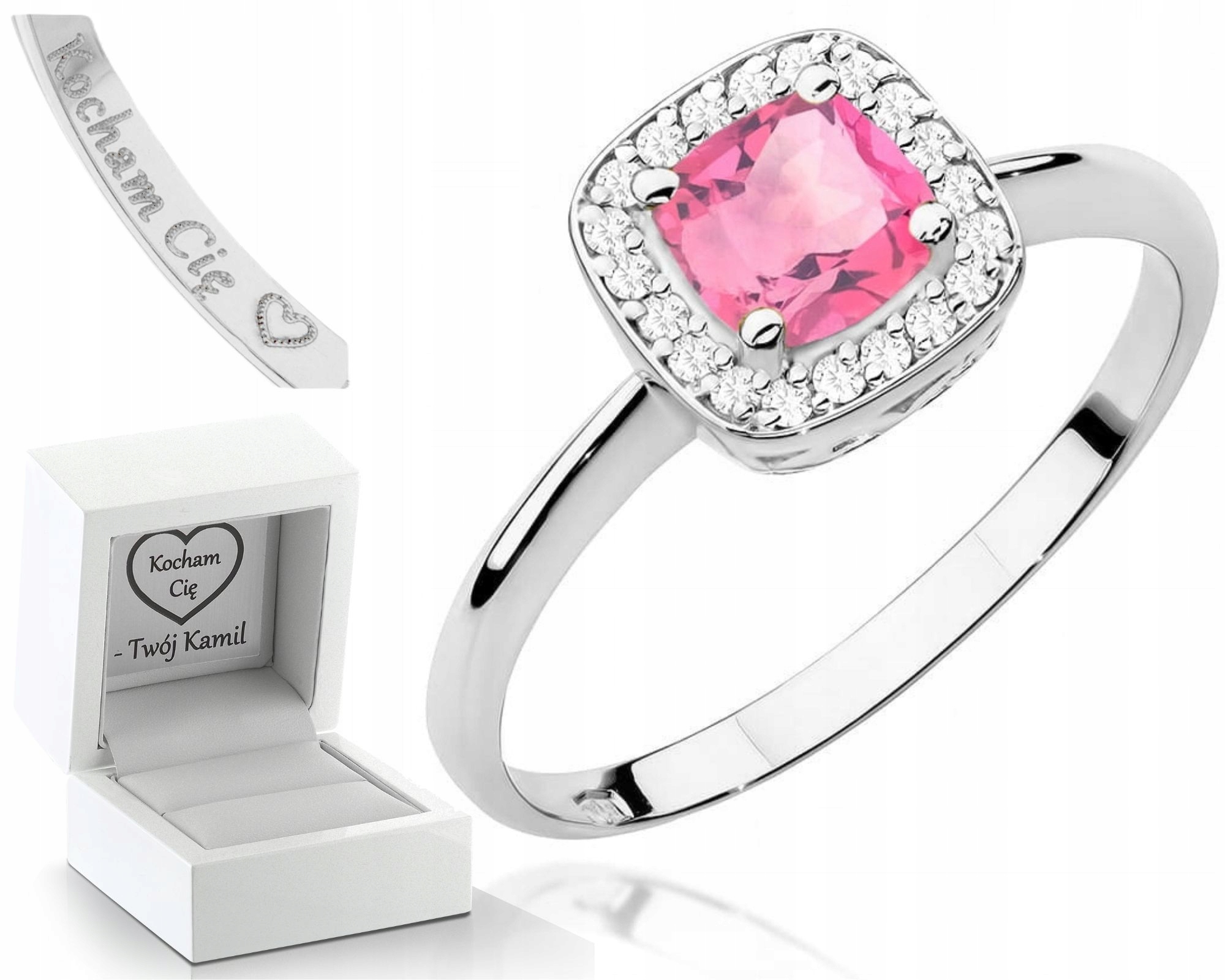Prstýnek Bílé Zlato S Růžovým Topazem A Brilianty Gravírování 585 Dárek