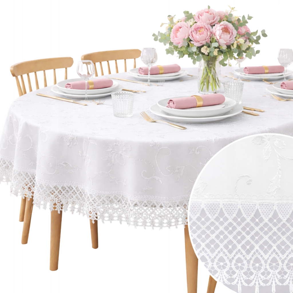Ubrus na Oválný Velikonoční stůl Bílý Hladký s krajkou 150X260