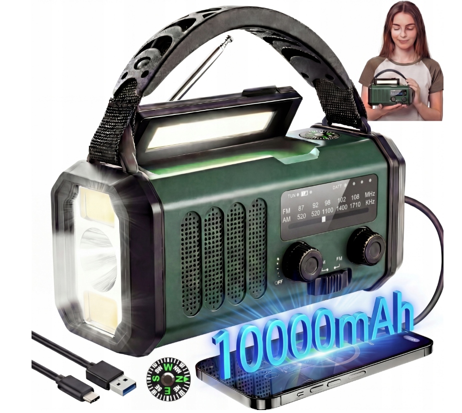 Přenosné solární rádio s nouzovou lampičkou AlarmSOS 10000 mAh Zelená