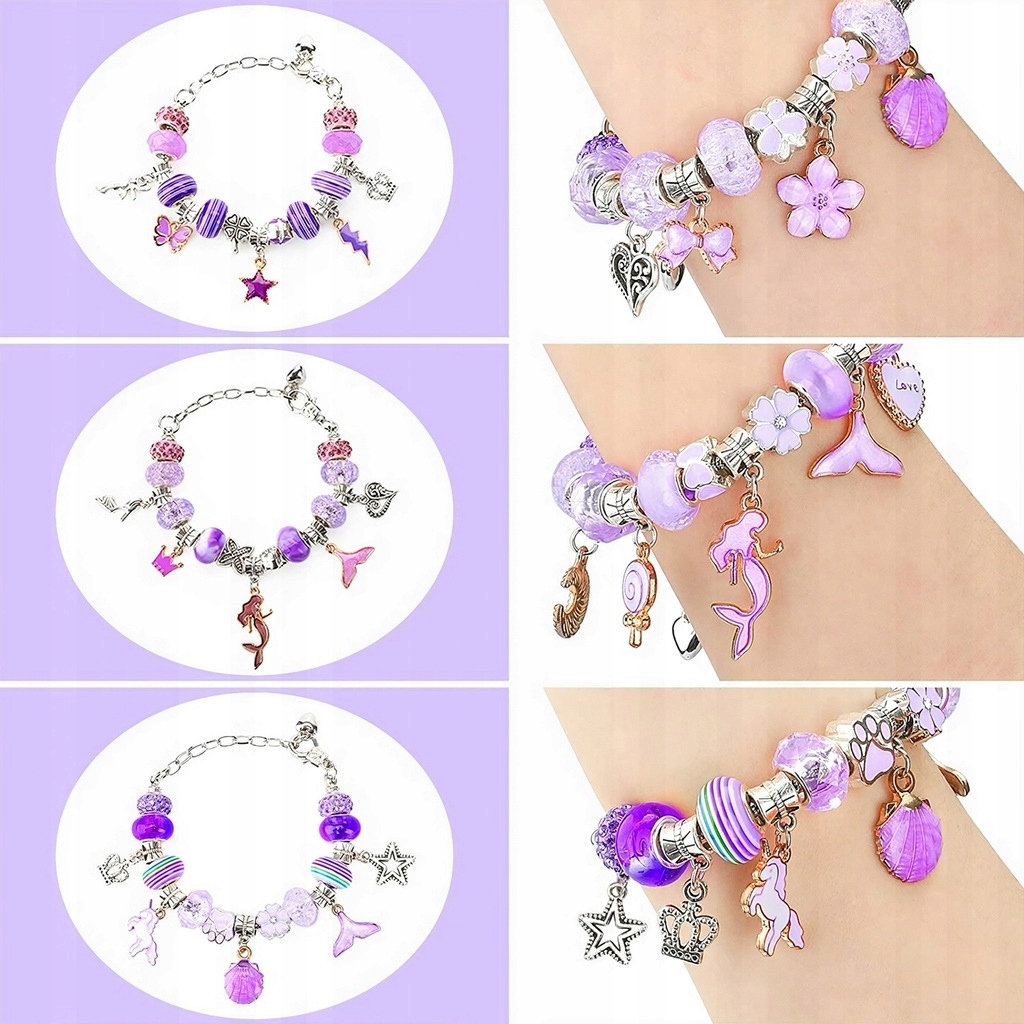 KREATYWNY ZESTAW DO ROBIENIA BRANSOLETEK NASZYJNIKÓW KORALIKI FIOLETOWY Materiał metal plastik