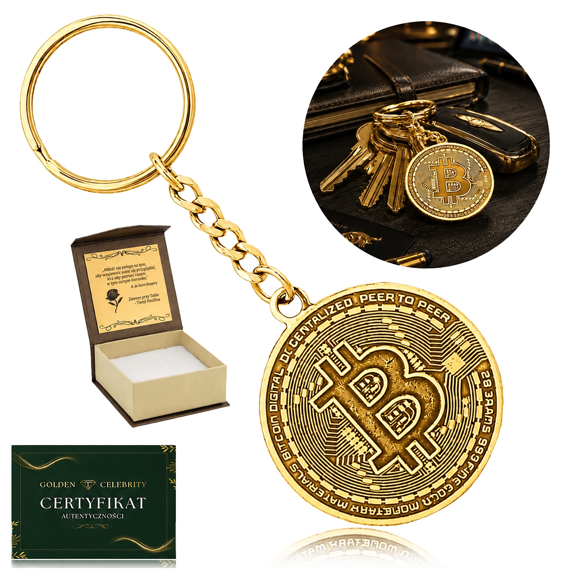 Přívěsek Na Klíče Bitcoin Stříbro 925 Pozlacený 24K Kryptoměnou Dárek Pro Investora