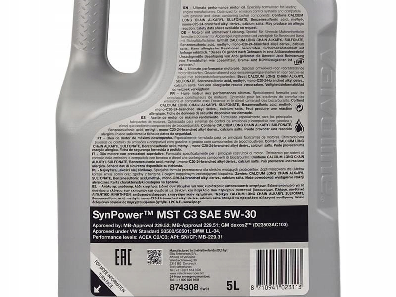 VALVOLINE SYNPOWER MST C3 5W30 SN/CF DEXOS2 9L Kod producenta 872597