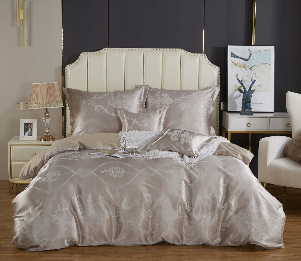 Posteľná Bielizeň atlasová vyšívaná 200x220 exkluzívna béžová ornamentová AT015