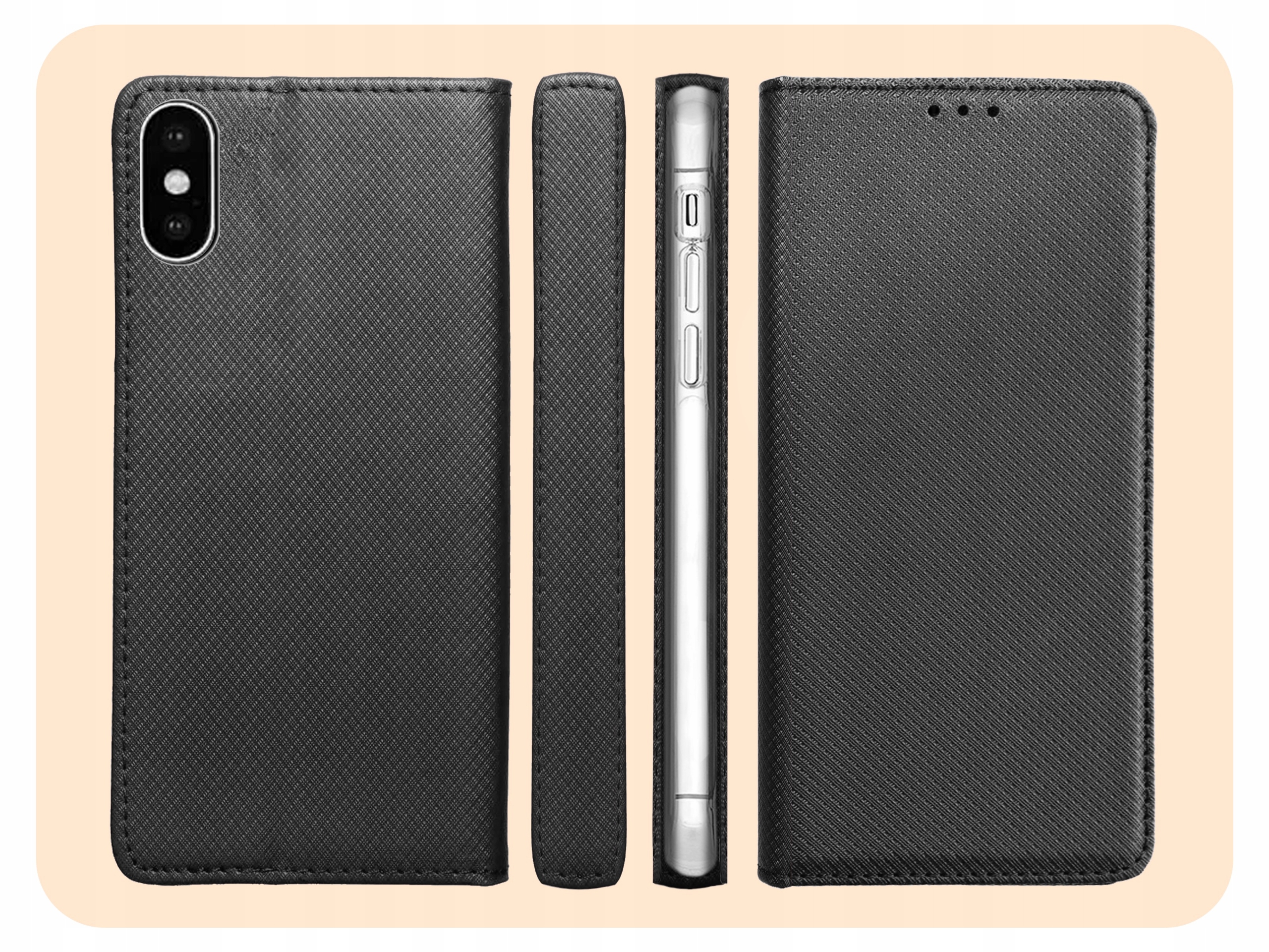 ETUI Z KLAPKĄ DO IPHONE X / XS CZARNE ZAMYKANE MAGNETYCZNE KABURA FUTERAŁ Dedykowana marka Apple