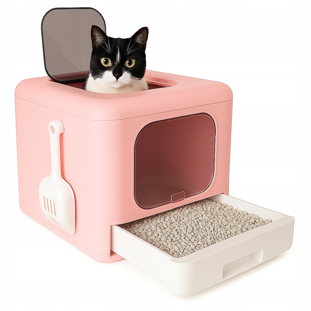 Kuweta dla kota zamknięta z szufladą różowa łopatka