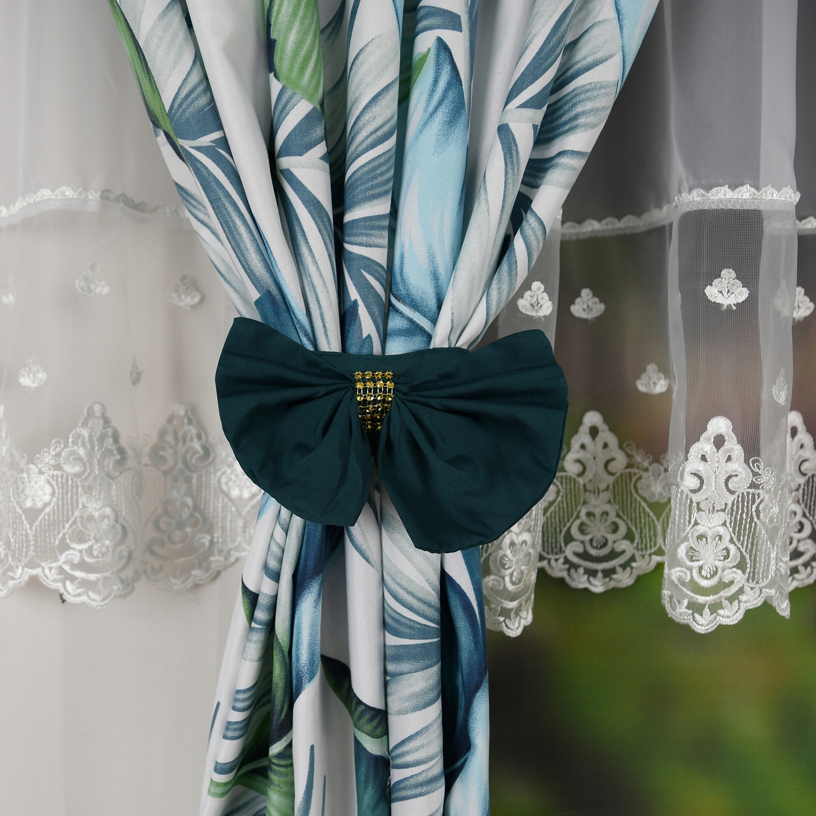 KOMPLET ZASŁON W NIEBIESKIE LIŚCIE + FIRANKA GOTOWA WOAL 400x160 Z TAŚMĄ Marka inna