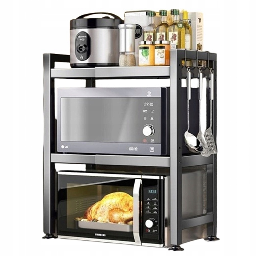 Nastavitelná Dvojitá Police Stojan Do Kuchyně Na Mikrovlnnou Troubu 6 Háčků