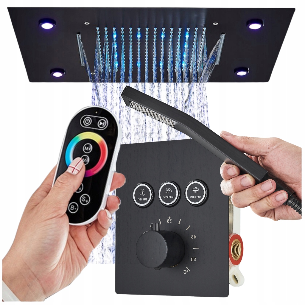 Sprchovací kút do kúpeľne Čierny Veľká Obdĺžniková Dažďová Súprava S Led Osvetlením