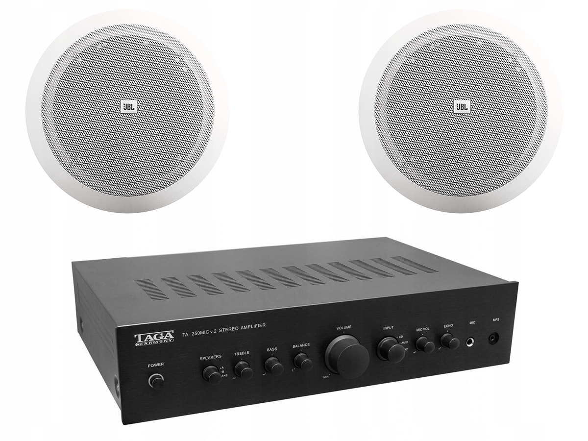 Sada zesilovačů 2 x 50 W stropní reproduktory Jbl