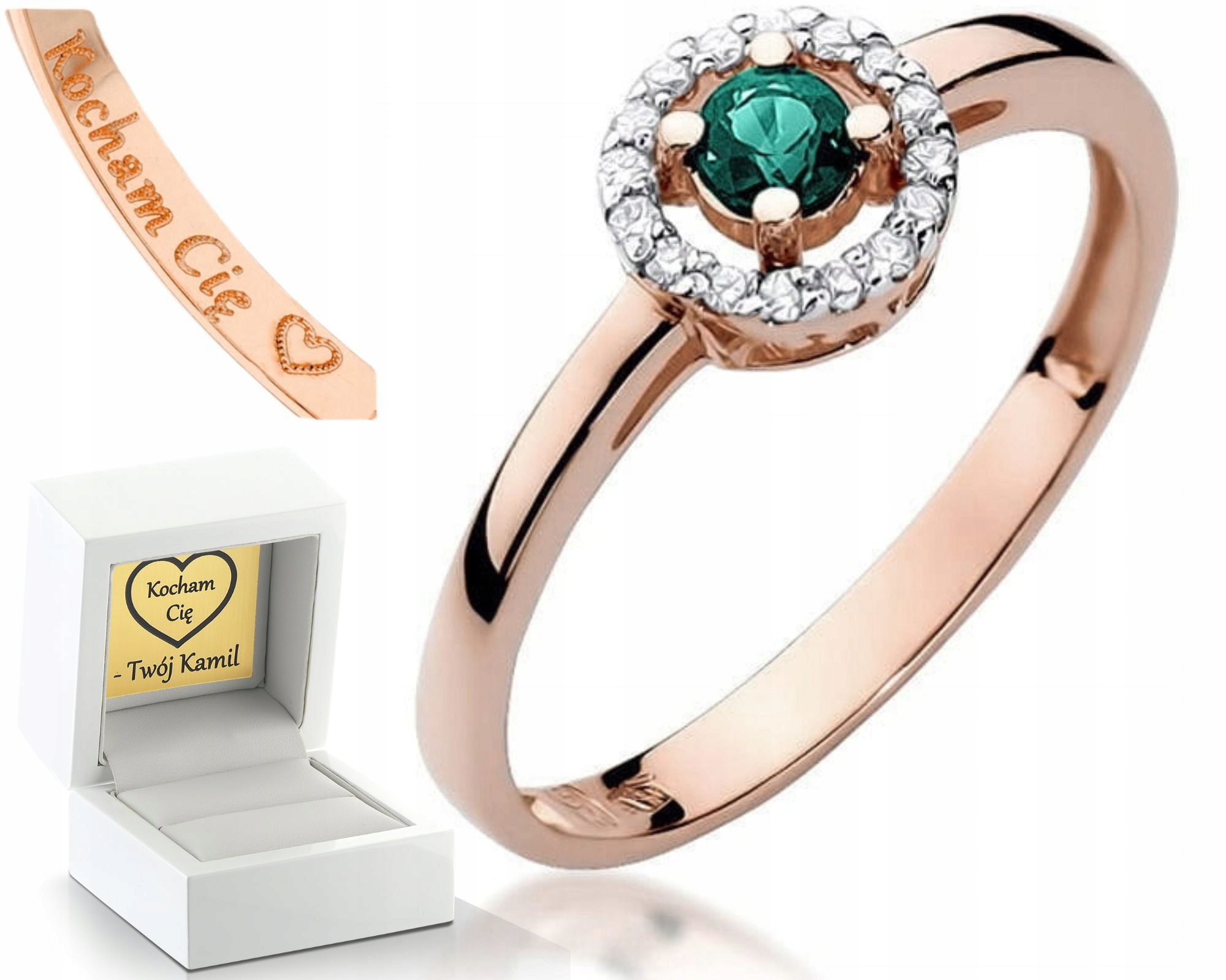 Růžové Zlato Prstýnek S Brilianty Smaragd Gravírování 585 Bonus