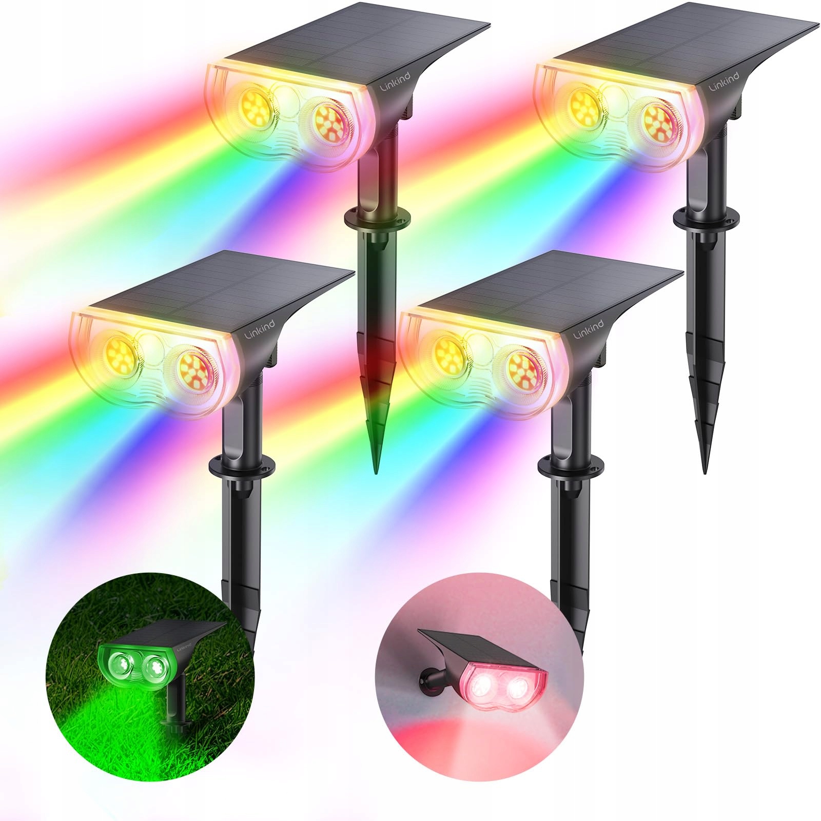 LINKIND Kolorowa Lampa Solarna RGBW IP65 22 LED 11 Trybów 4 Sztuki