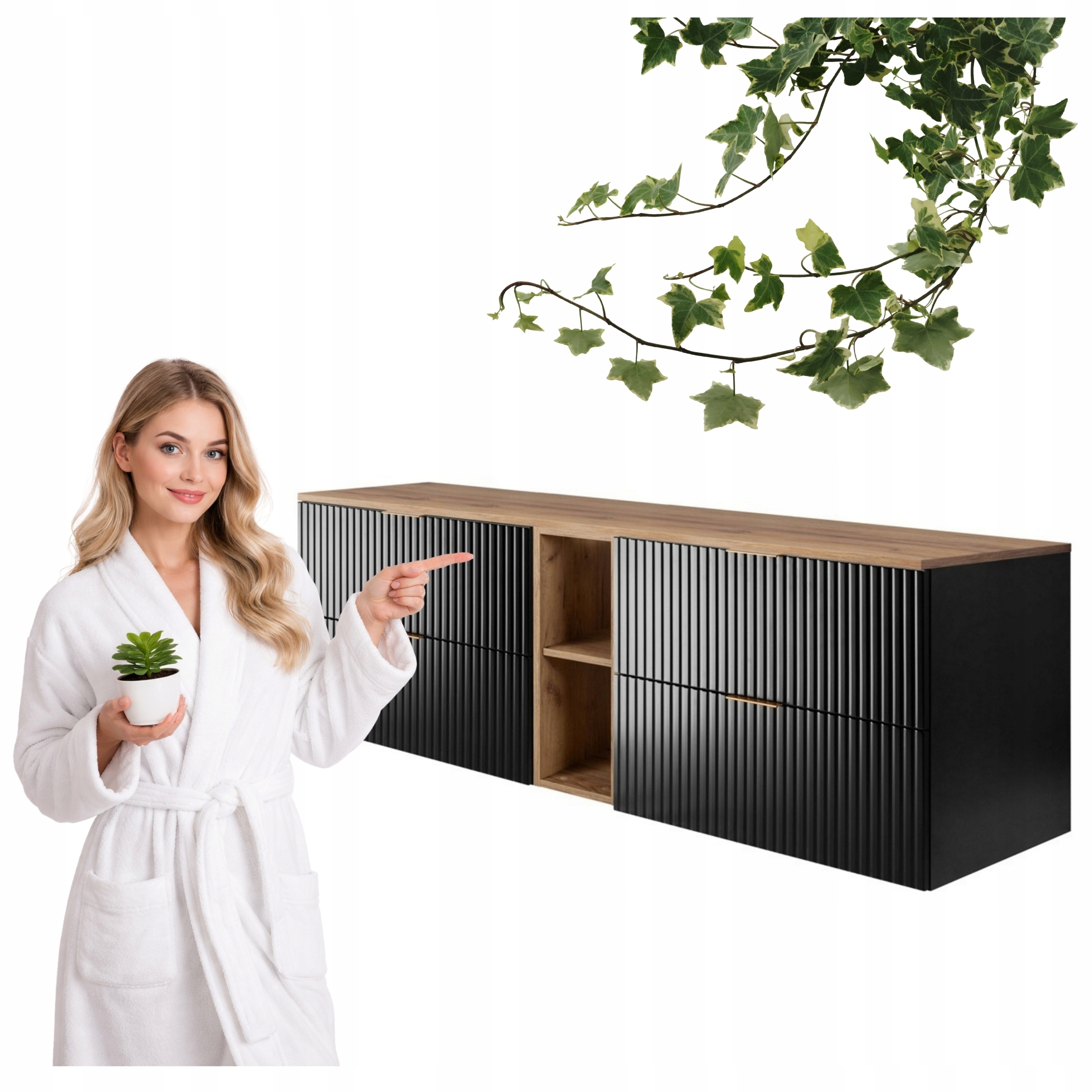Szafka Łazienkowa Wisząca Czarna Regał Blat Dąb 180x46CM Flisan Ryflowana