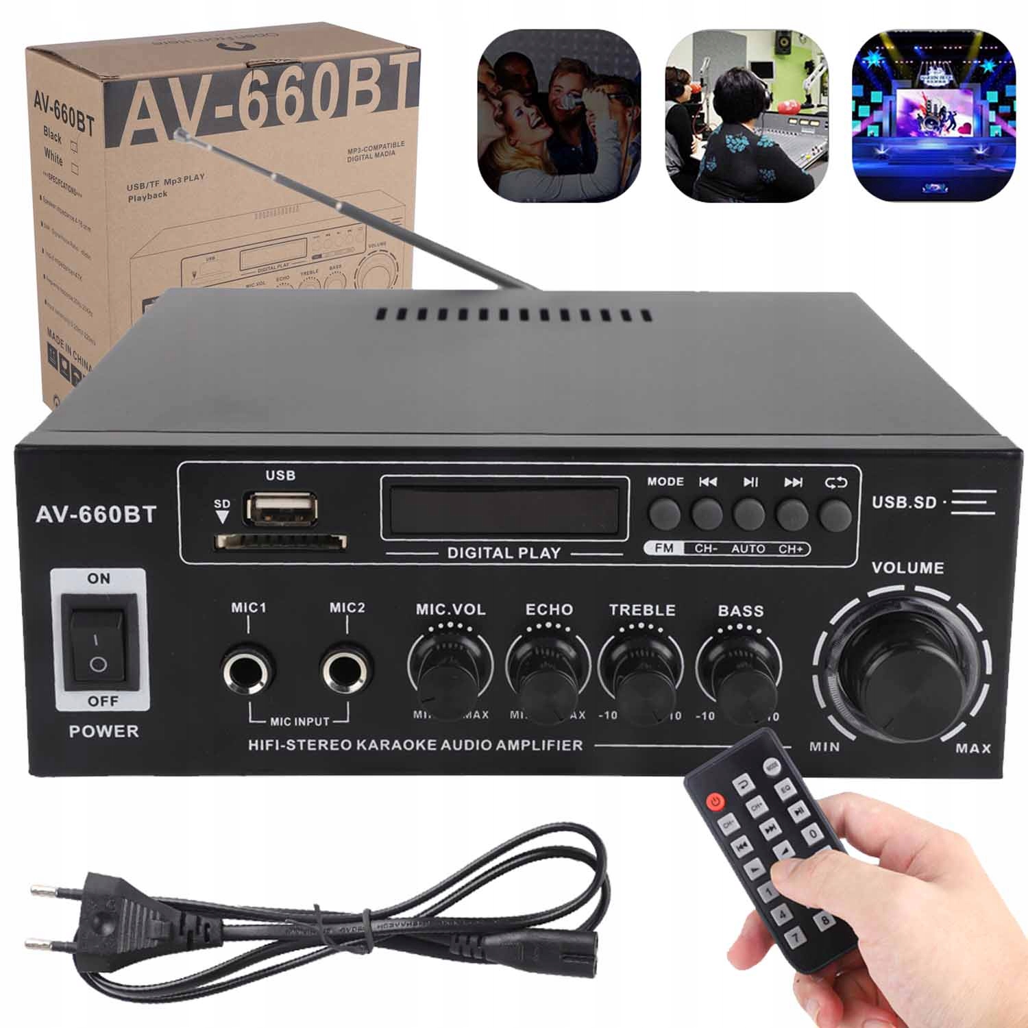 2 Kanálový Výkonný Audio Zesilovač Bluetooth 5.0 Rádio Fm Usb Sd DVD Dálkové Ovládání