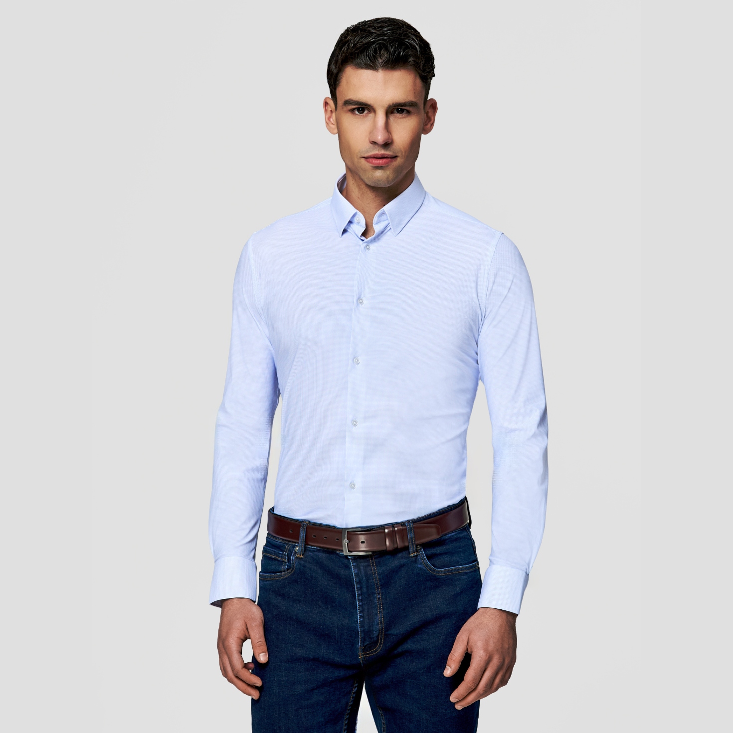 Modrá pánská košile ve vzoru pepitky 4 way stretch Pako Lorente vel