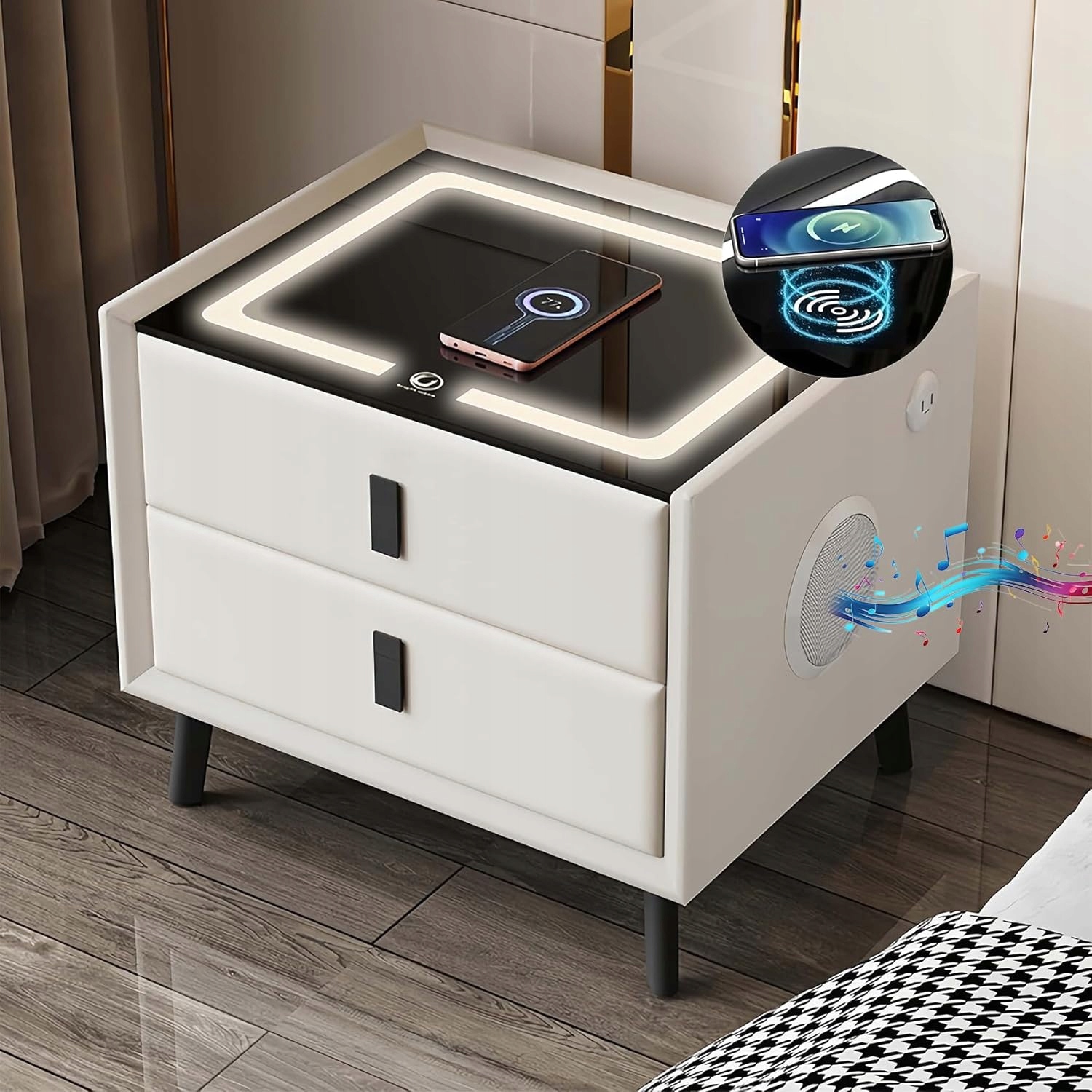 Nočná Skrinka Stolík S Led Zásuvkami Bluetooth Reproduktor Nabíjačka Nfc Usb-c