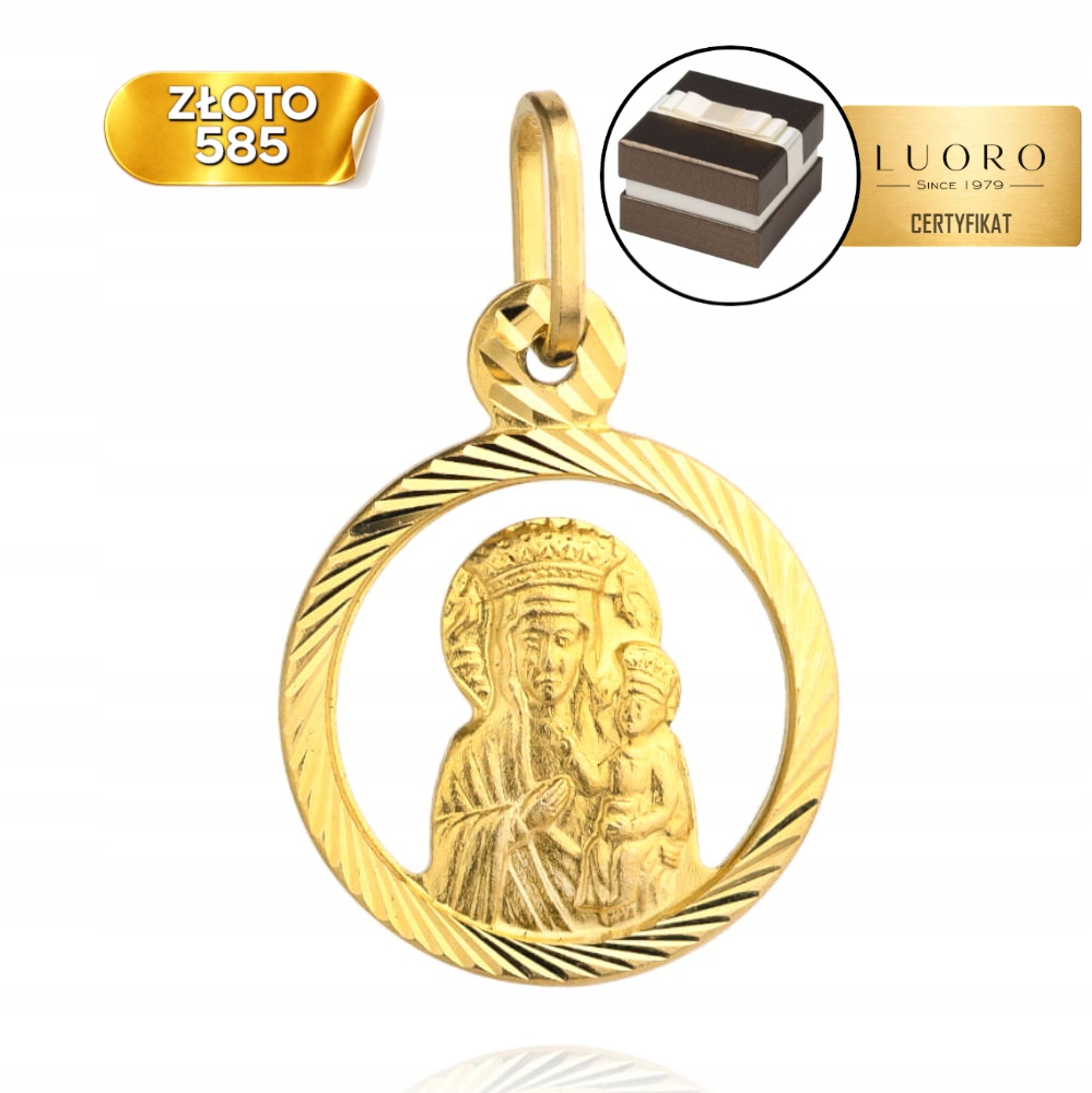 Zlatý Medailon 585 14K Matka Boží S Dítětem, Diamantové Kolečko 1,7 CM