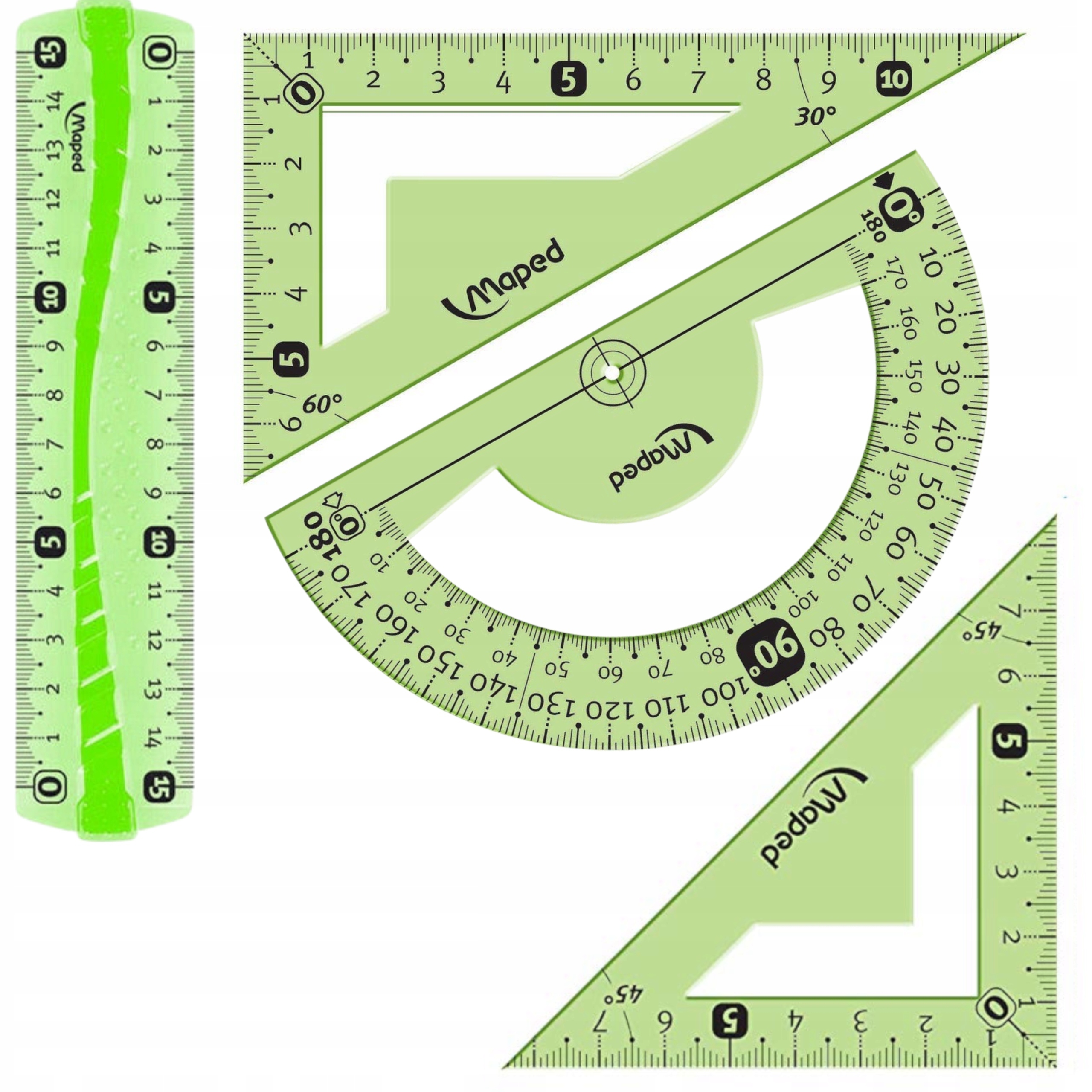 Matematyczne PRZYBORY do SZKOŁY Duże Przybory GEOMETRYCZNE Szkolne GUMOWE Elementy zestawu ekierka