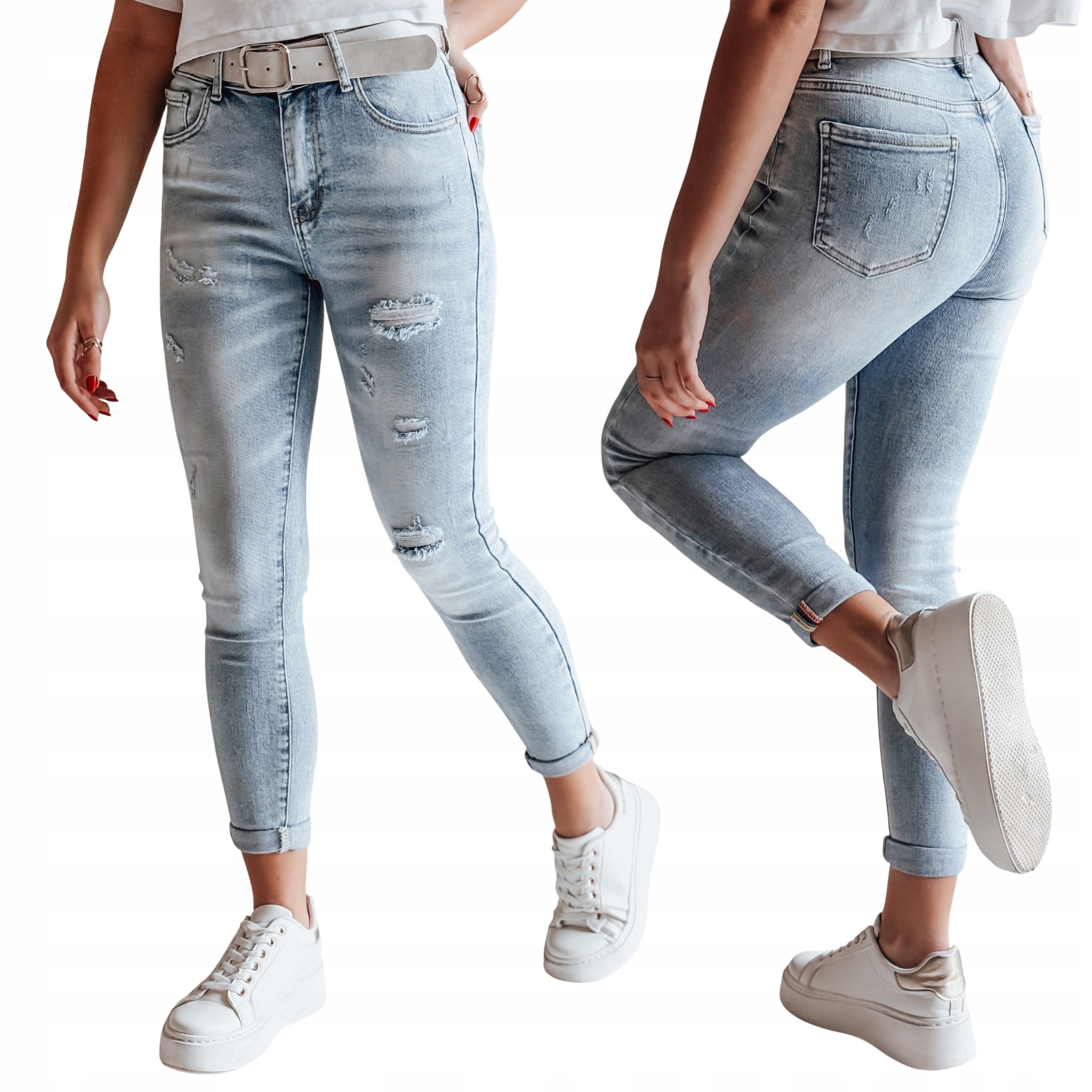 Jeansy damskie skinny z przetarciami wysoki stan niebieskie UY2708 29