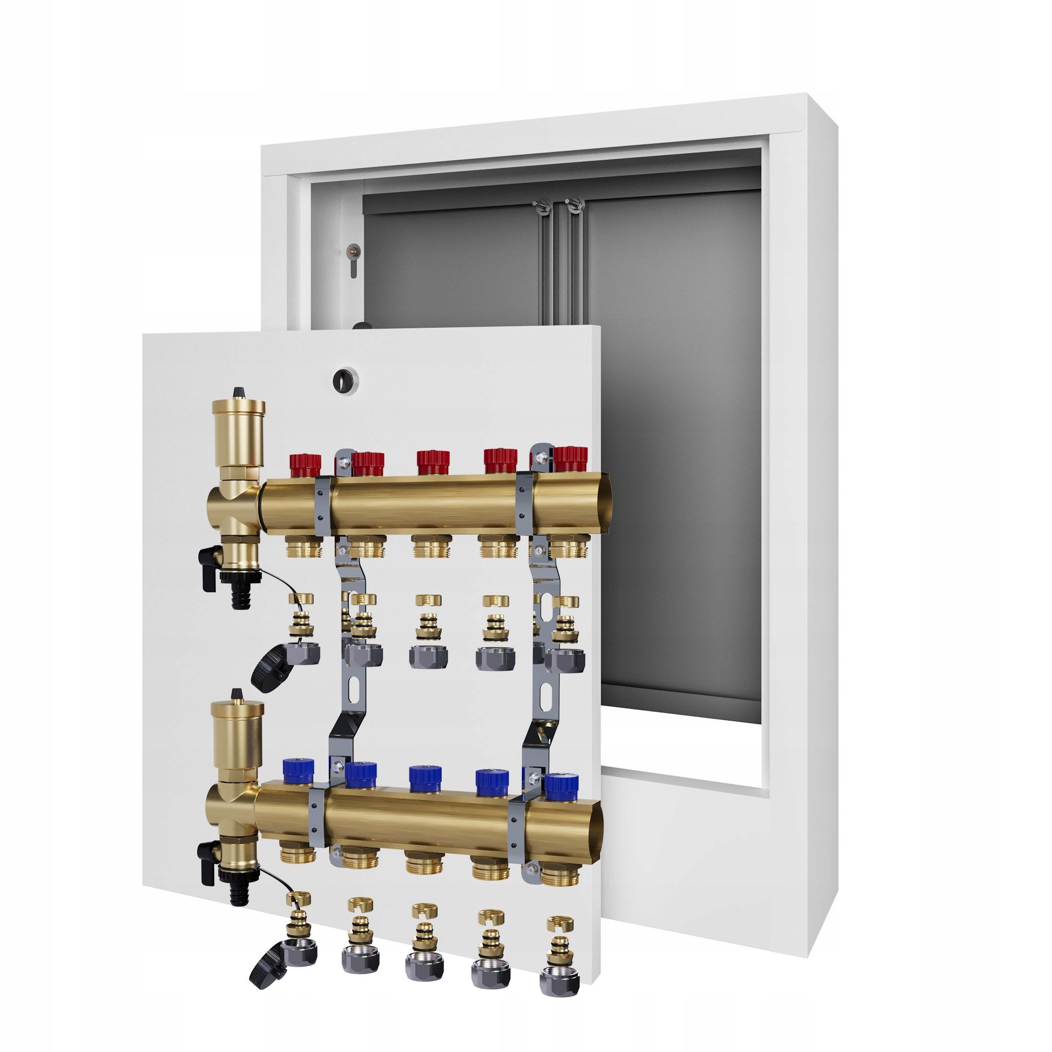 Manuální rozdělovač 5 okruhů radiátorového vytápění nástěnná skříňka Pex