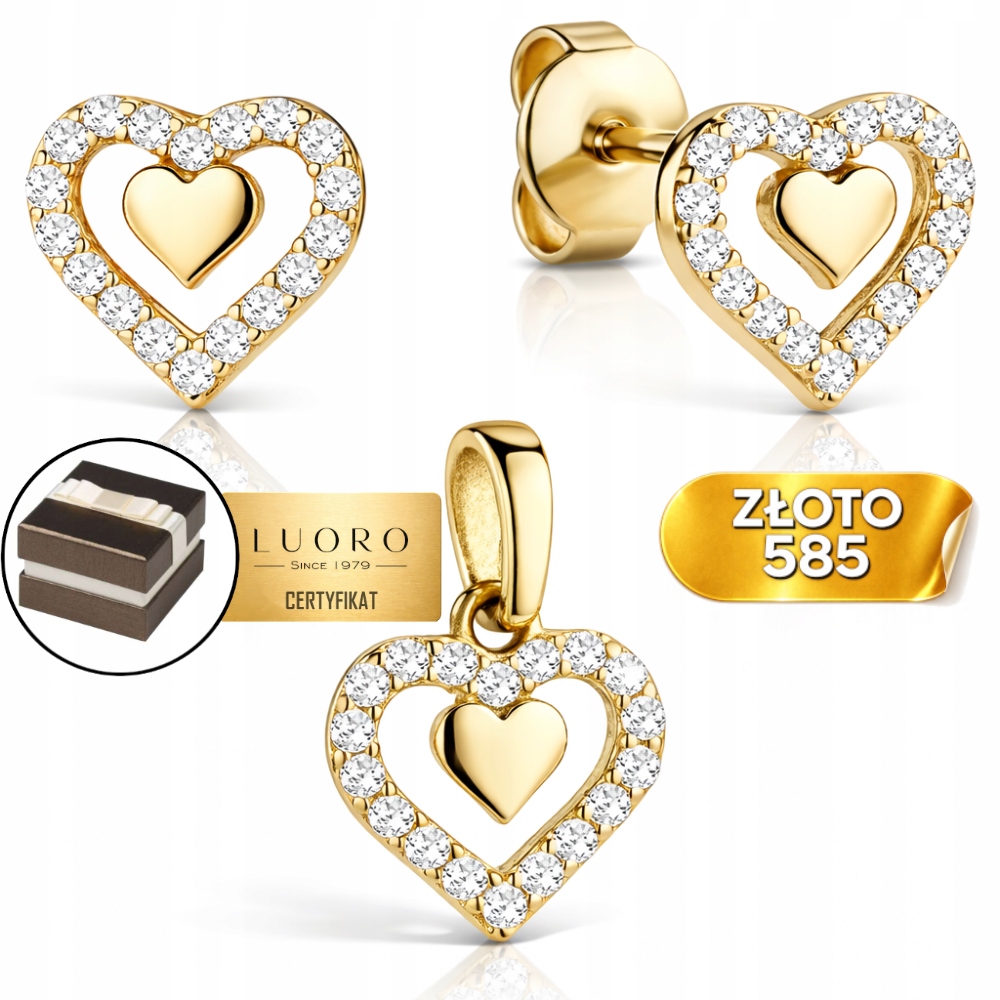Zlatý Komplet 585 14K Srdce Se Zirkony Náušnice 7X8 MM Přívěsek 15 MM