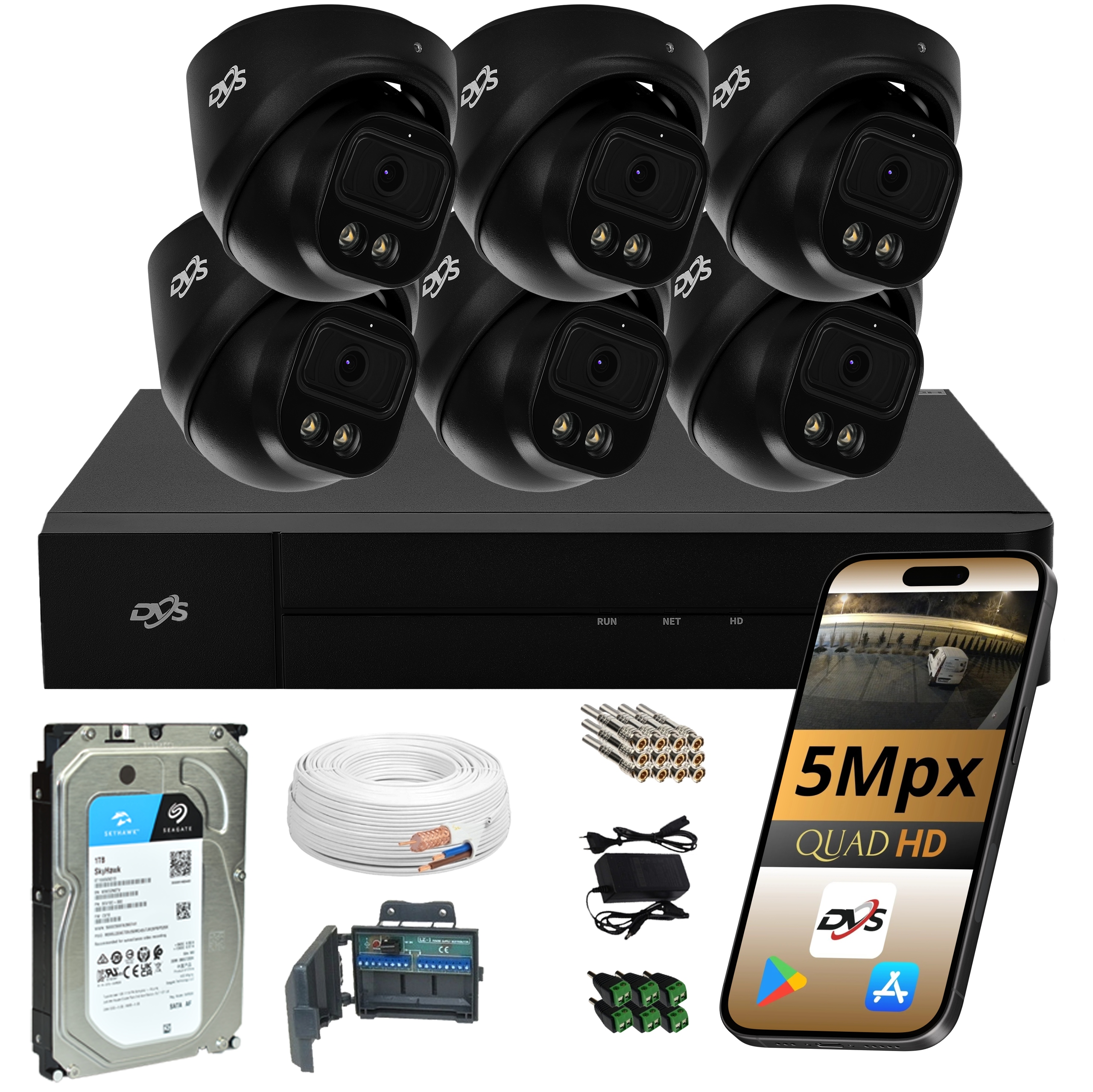 Sada Kamer Na Monitorovanie 6 Čiernych Kamer 5Mpx Dvs Dual Light Led Ir 1TB