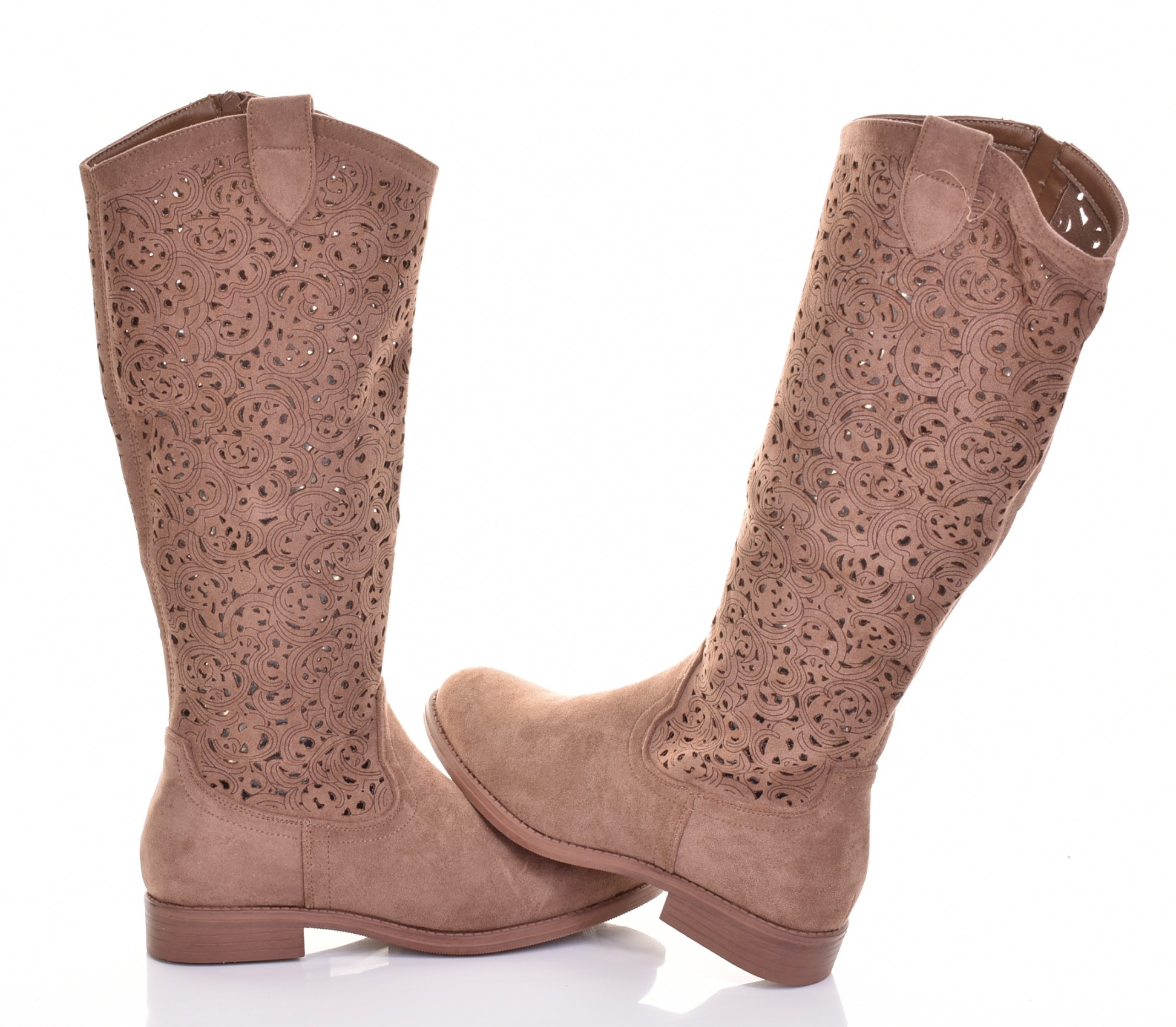 Dámské Semišové Ažurové Kozačky Na Podpatku Před Kolenem, Elegantní, Módní