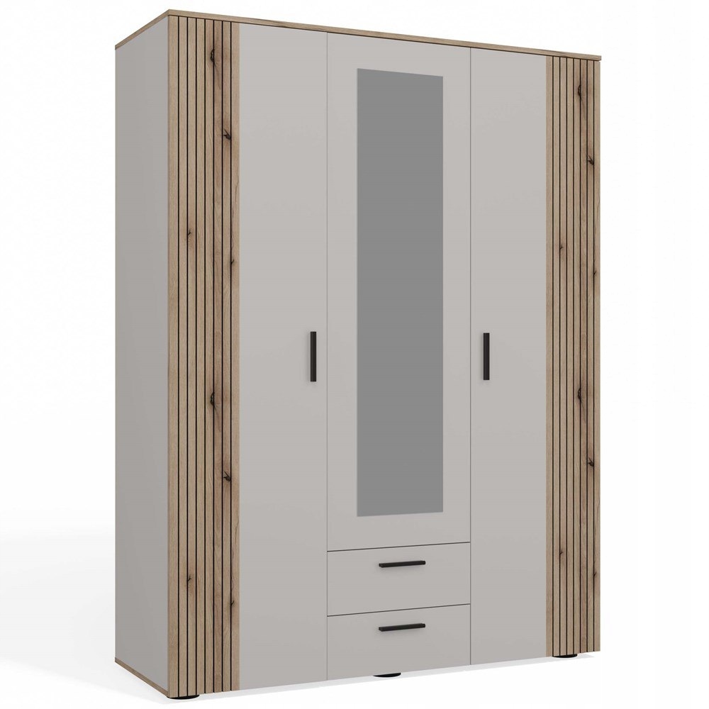 Szafa Ava 150 CM Lustro 2 Szuflady Ryflowany Front Dąb Evoke Kaszmir Beż