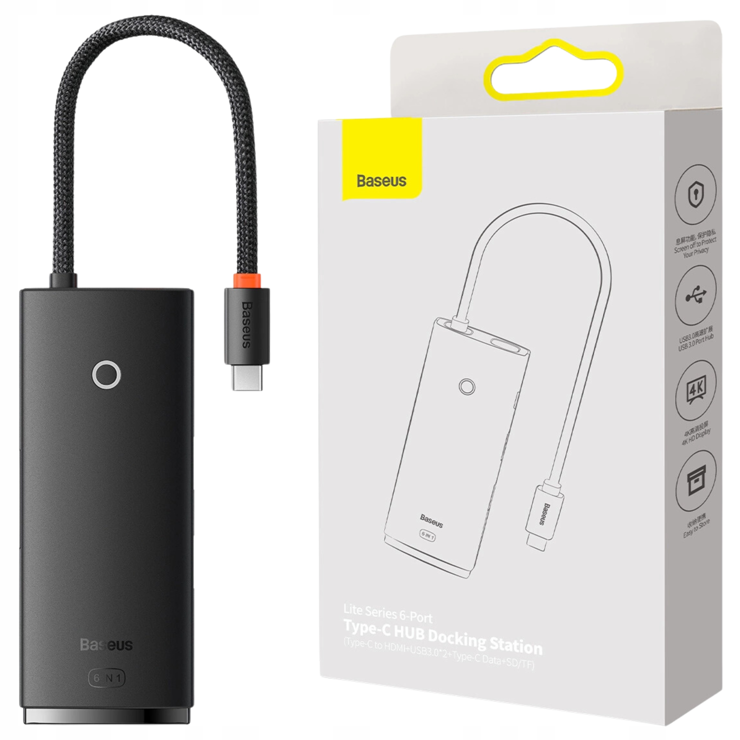 Hub 6v1 Baseus Lite Series Usb-c na 2x Usb 3.0 Usb-c Hdmi Sd/tf (černý)