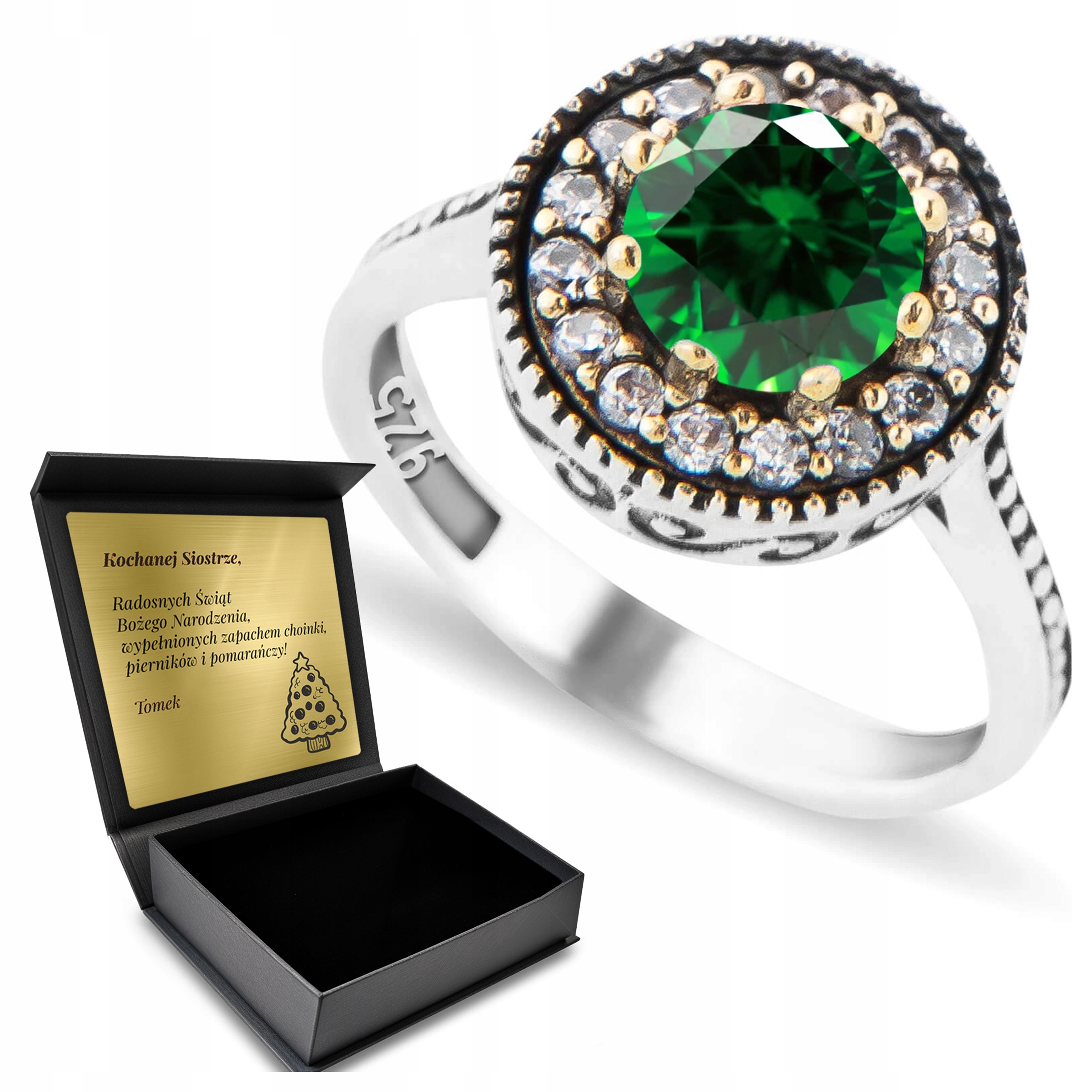 Prstýnek 925 Se Zirkony A Smaragdem Valentýna Gravírování Bonus