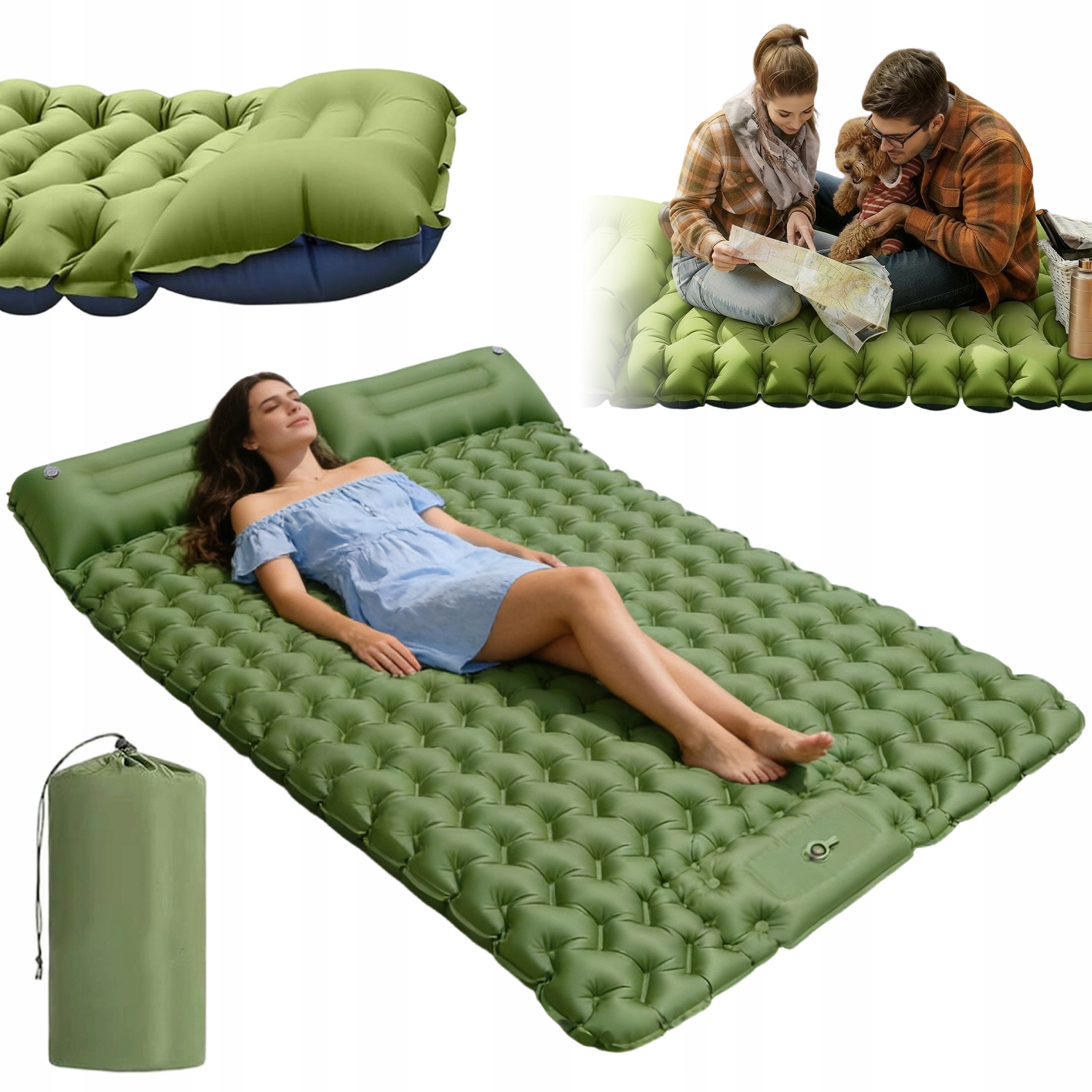 Materac Dmuchany 2 Osobowy Z Wbudowanymi Poduszkami Pompa Nożna Camping