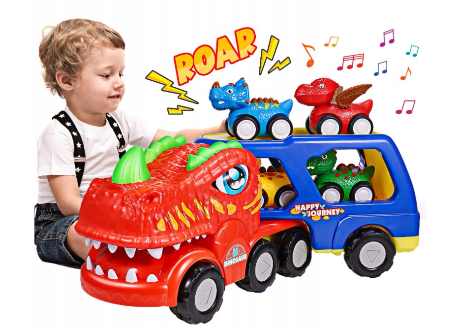 Transporter dinozaurów Zawiera 1transporter dinozaurów i 4samochody zabawka