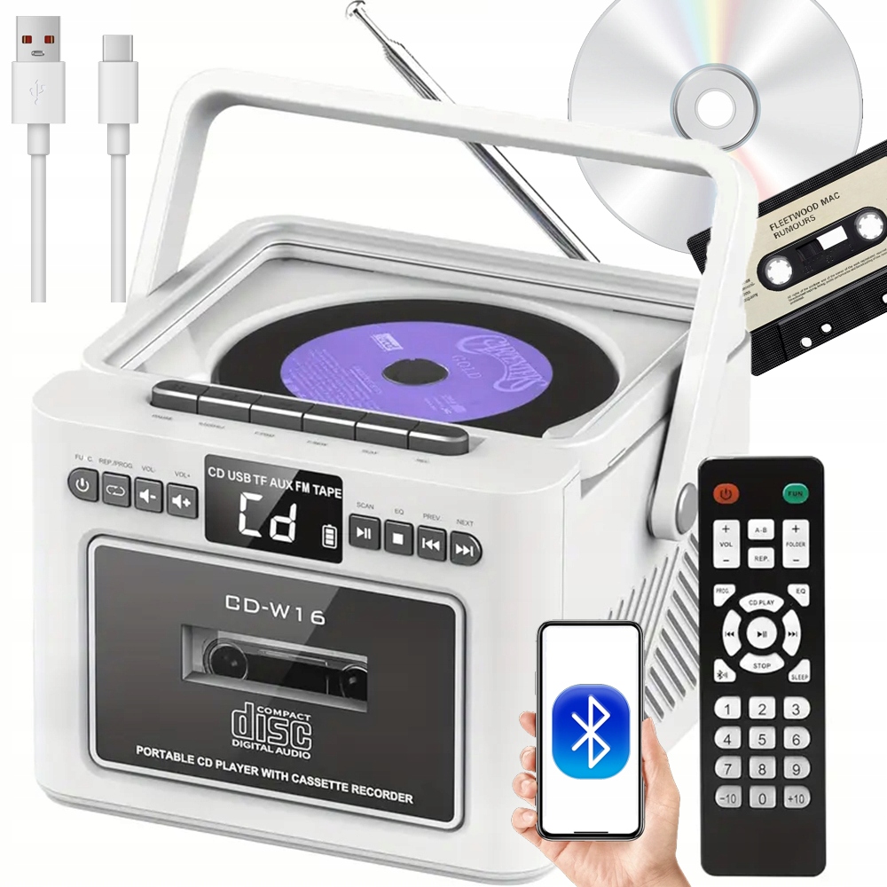 Přenosný Kazetový CD Přehrávač Bluetooth Audio Rádio Akumulátor Dálkové Ovládání