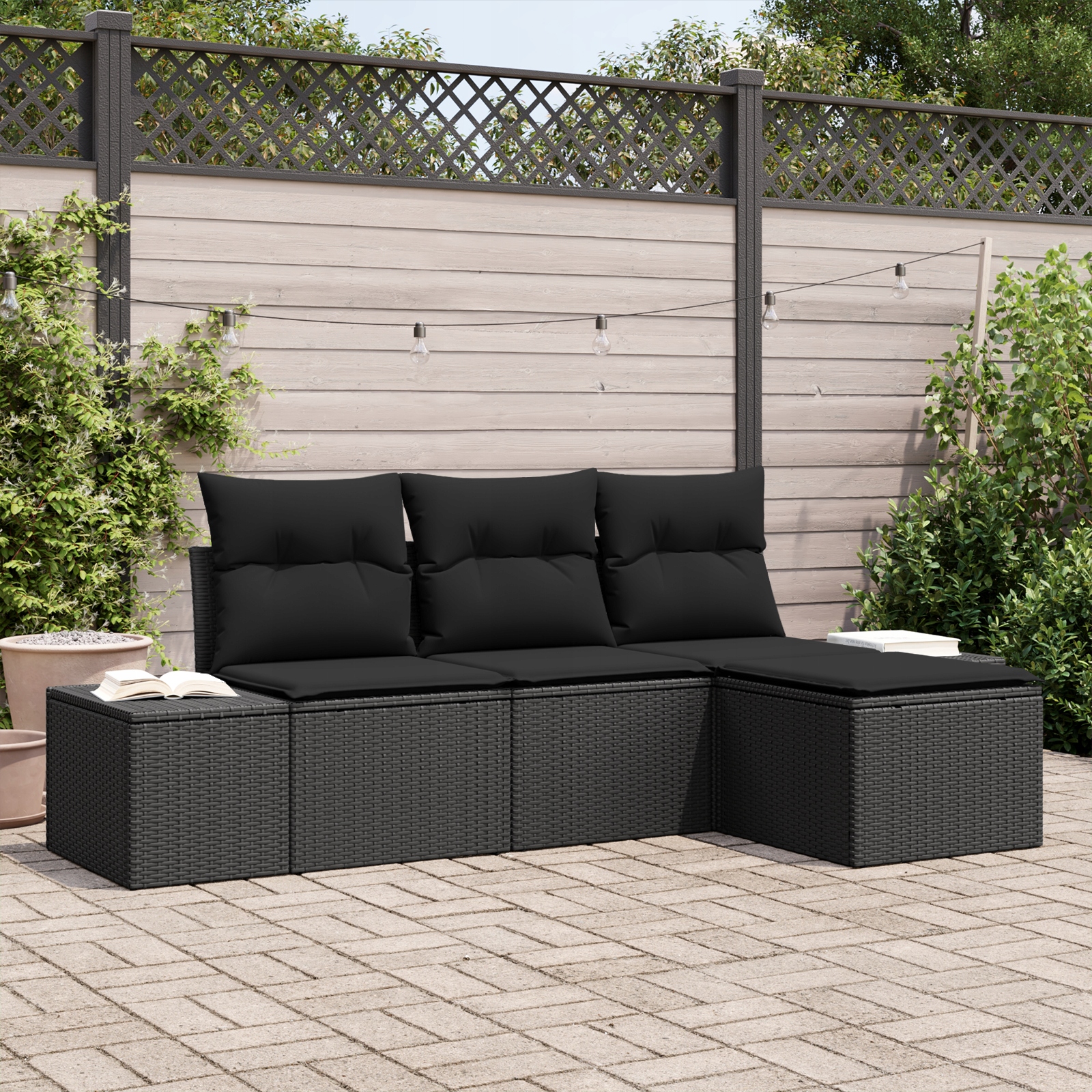 Modulární zahradní sedací souprava s polštáři, černá, hloubka 60 cm
